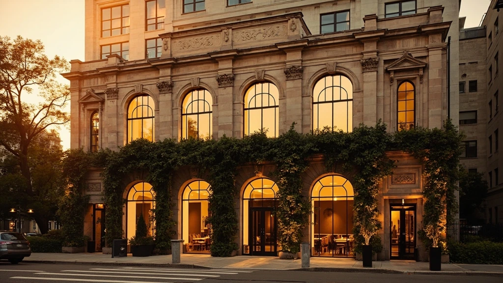 The facade of Hotel Mora at golden hour