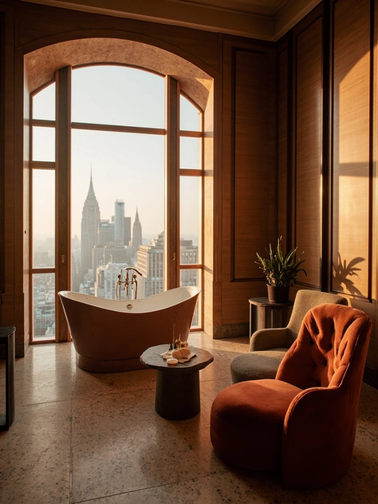 The flagship Mora Suite with original 1923 arched windows and a freestanding marble tub.