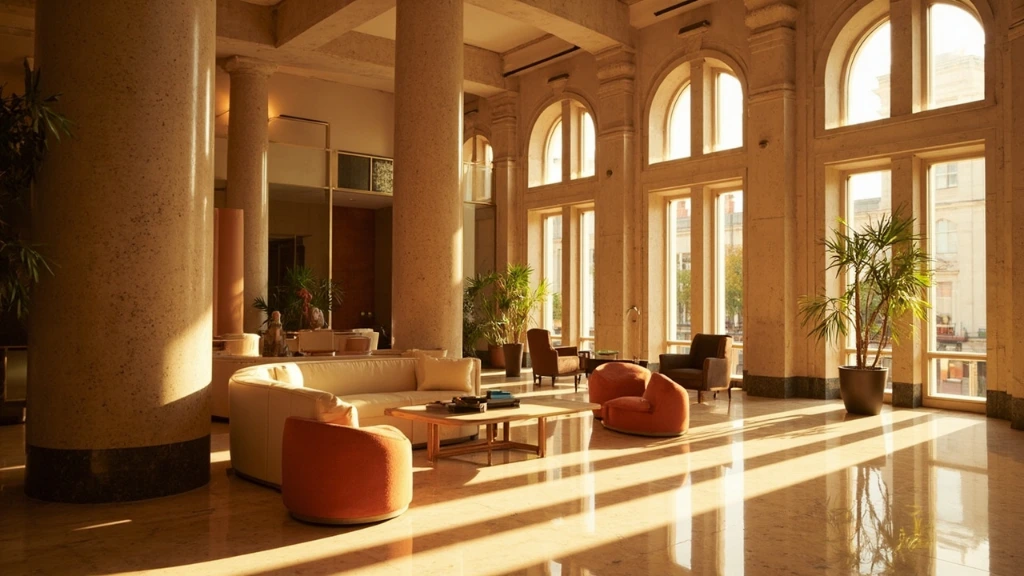 Grand hall at Hotel Mora with arched windows and warm evening light